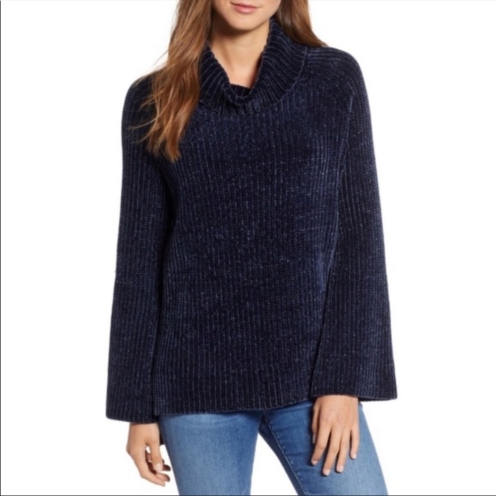 Lucky Brand Chenille cowl neck sweater turtleneck blue